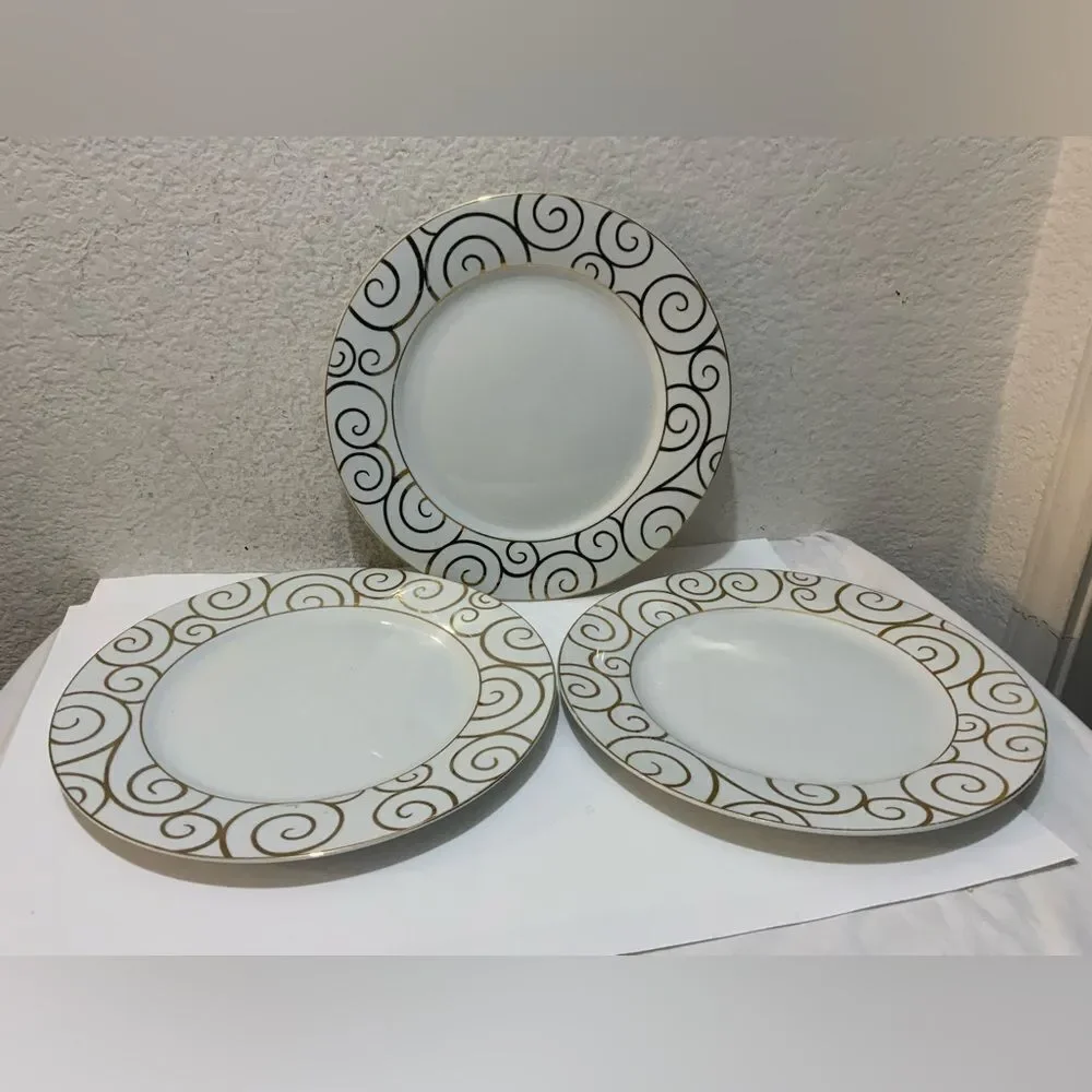 Pier One Imports Gold Swirl Dinner Plates (3) Christmas Holiday